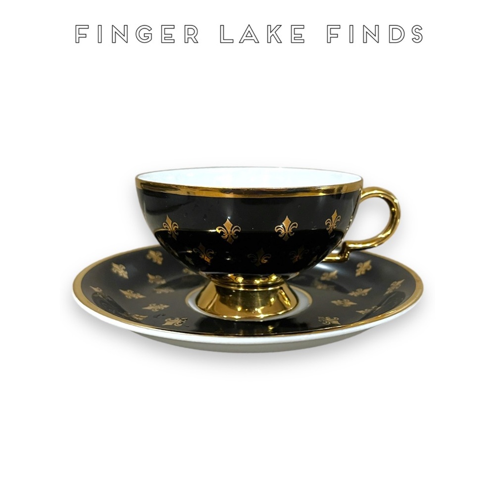Vintage Rudolf Wachter Black and Gold Bavarian Fleur de Lis Cup and Saucer